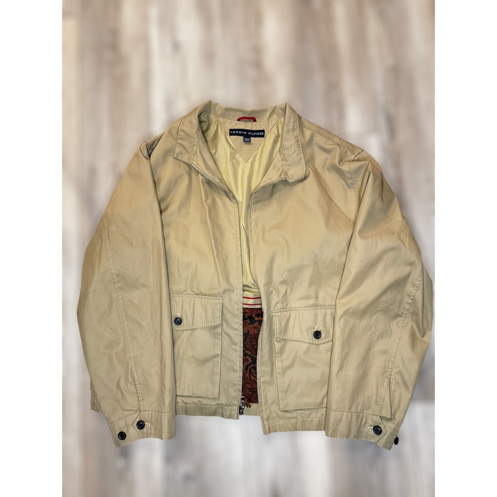 Tommy Hilfiger Mens Tan Bomber Utility Jacket Zip Collar‎ Buckle Lined Pockets